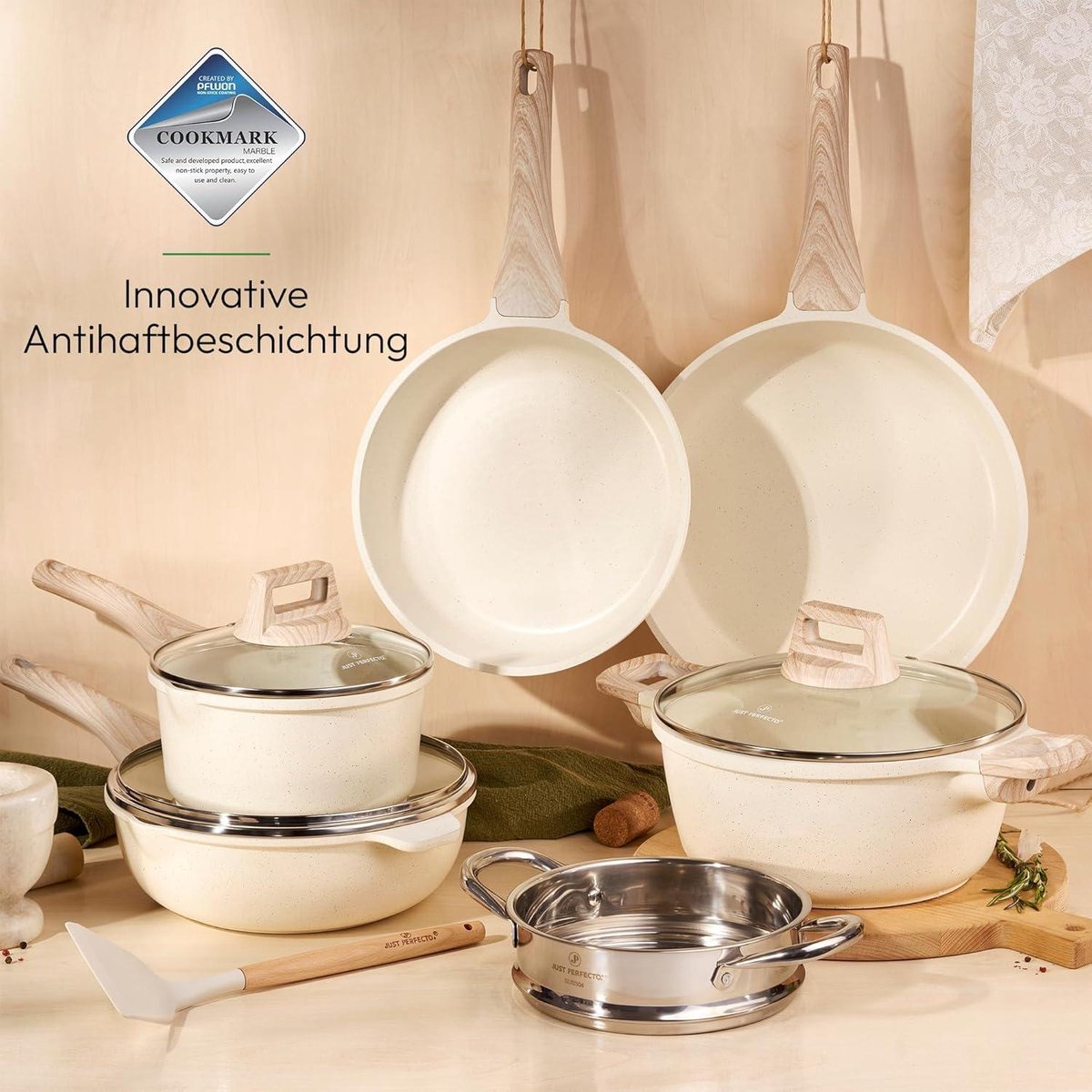 JUST PERFECTO HOUSEHOLD APPLIANCES 12-Delige Pannenset Inductie Pannenset Met Deksel Voor Alle Waarmtebronnen Non Stick Pannen Glazen Deksel Anti Aanbak Kookpannenset Pannen Zonder Pfoa Pfas 14 Pcs