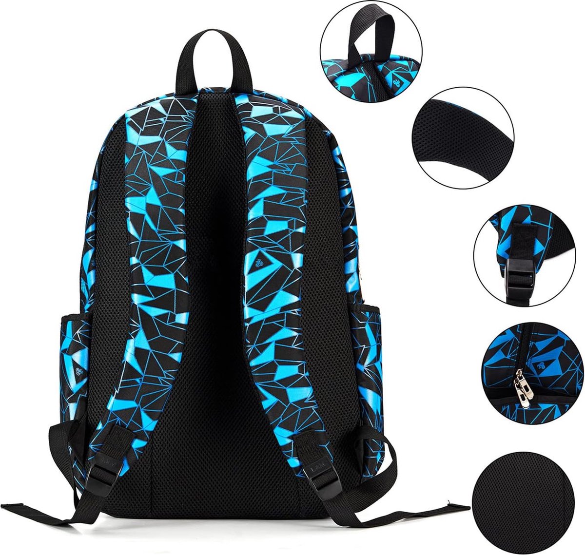 bunie Rugzak voor jongens, grote boekentas, waterdichte schooltas, pennenetui, schoudertas, set voor basisschool of middelbare school, blauw, Large