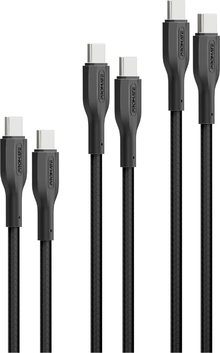 ProMate® Set van 3x kabels, USB-C naar USB-C Kabels, Verschillende Lengtes 0.3m, 1.2m en 2m, Ultra-Snelle Drievoudige Type-C Sync & Oplaadkabels met 60W Power Delivery, 25000+ Buigtest en Knoopvrije Kabels, CableKit-CC.