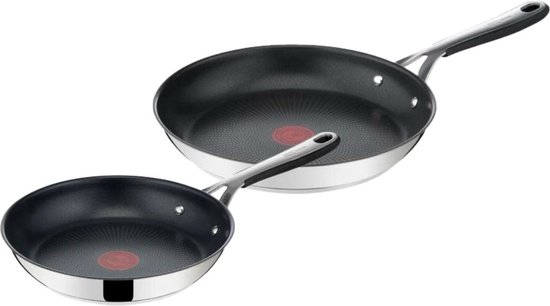 Twee Jamie Oliver by Tefal koekenpannen, één kleiner en één groter, met rood Thermosignal en roestvrijstalen rand.