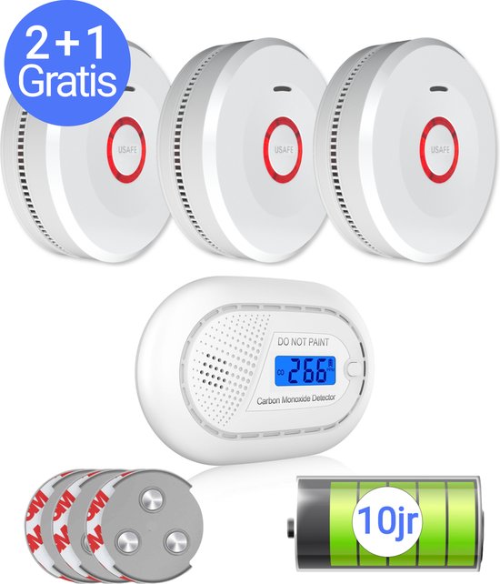 Foto: Usafe rookmelder set van 3 en koolmonoxidemelder rookmelders met 10 jaar batterij co2 melder en brandmelder 2 1 gratis met magneetmontage