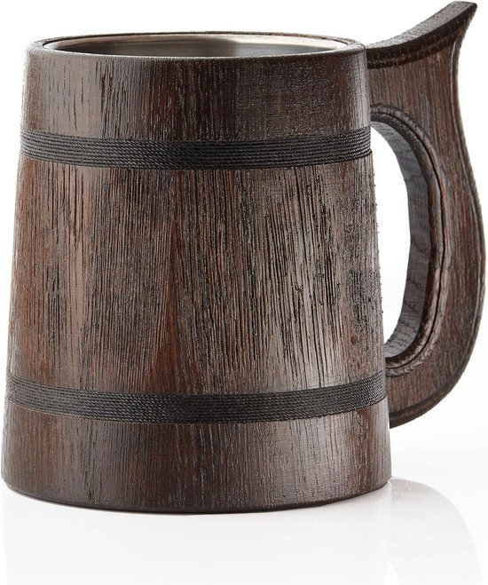 Roestvrijstalen Binnenkant Bssmmai Viking Wooden Barrel Beer Mug, Chope à Bière Faite à Roestvrijstalen Beker 600 Ml