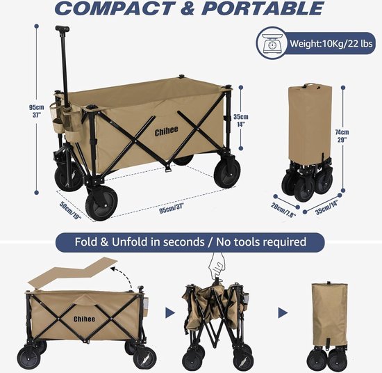 Opvouwbare heavy-duty tuinwagen met 2 kopjeshouders en cardanische wielen - grote capaciteit, afneembare stof voor sportevenementen, stranduitstapjes Bolderkar — afbeelding 2