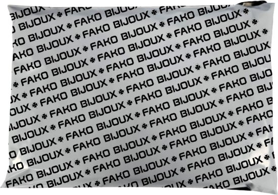 Verpakking met herhalende tekst "FAKO BIJOUX".