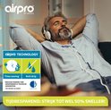 Man met koptelefoon ontspannen op bank. Overlays tonen "Airpro Technology", "Time saving" en "Anti drip".
