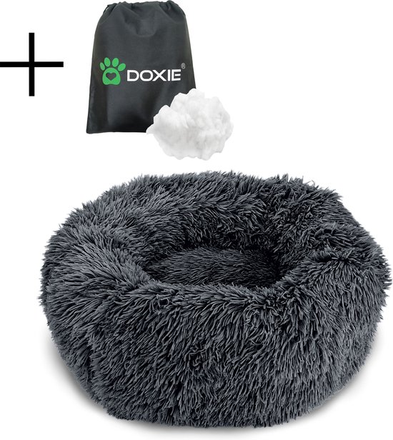 Doxie® Donutmand – Aanpasbare stevigheid – Afneembare hoes – Verhoogde rand – Donkergrijs – ⌀ 100 cm – Maat L – Gratis tas met vulling