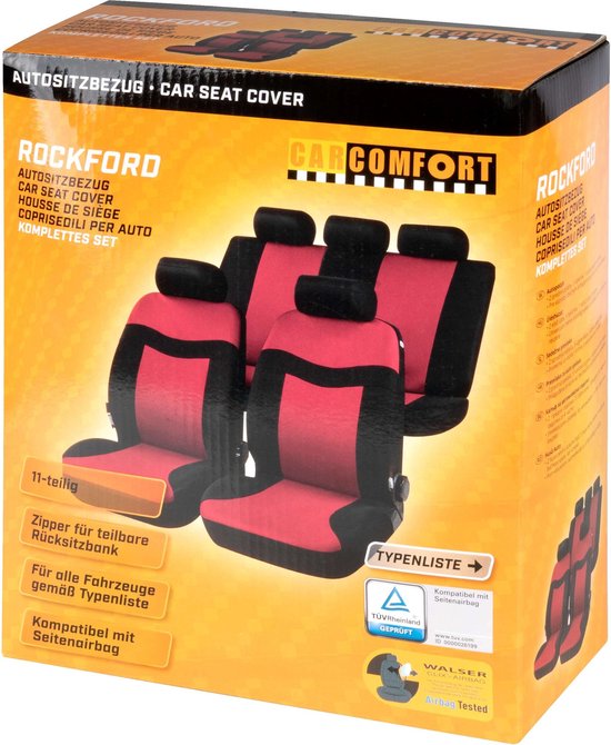Verpakking met stoelhoezen, rood met zwart, merk CarComfort, model Rockford.