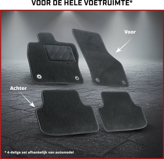 Set van vier zwarte automatten, met pijlen die de voorste en achterste matten aanduiden. Tekst 'Voor de hele voetruimte'.