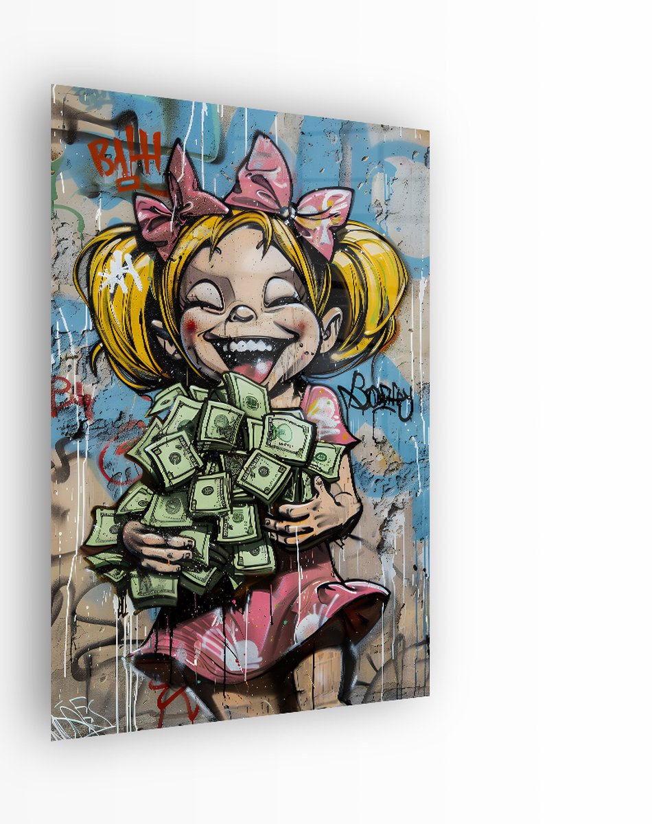 Indoorart Glasschilderij Streetart Happy Money 60x90 CM - Afbeelding op plexiglas - Inclusief montagemateriaal blauw, wit, grijs, groen, roze, geel