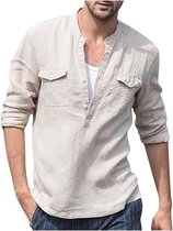 LVCBL Heren Katoen Linnen Shirt Herfst Winter Heren Overhemd Lange Mouwen Regular Fit Casual Shirt Biege L