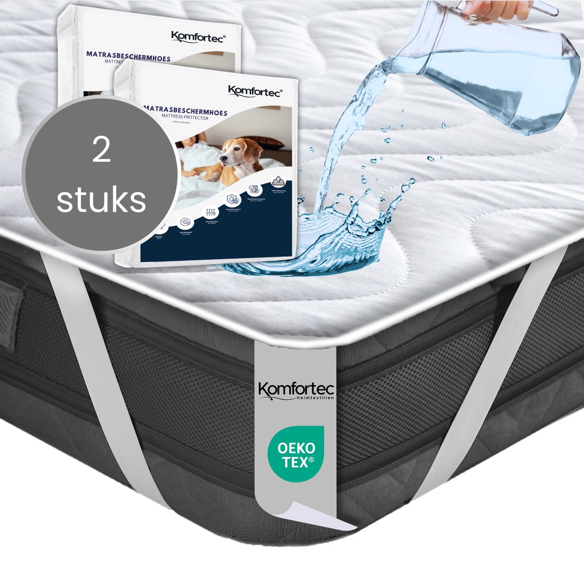 Komfortec 2x Waterdichte Matrasbeschermer 200x200 cm met 4 Hoekelastieken - Dubbelpak - Gewatteerde Topdekmatras - Ademend - Niet-Krakend - Incontinentie Onderlegger – Wit