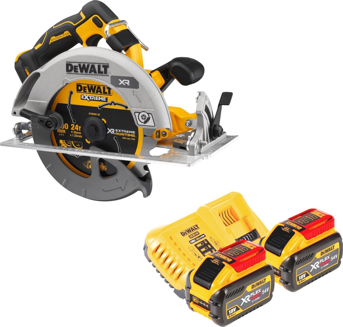 DeWalt DCS 573 X2 accucirkelzaag 18 V 190 x 30 mm borstelloos + 2x accu 9,0 Ah + lader