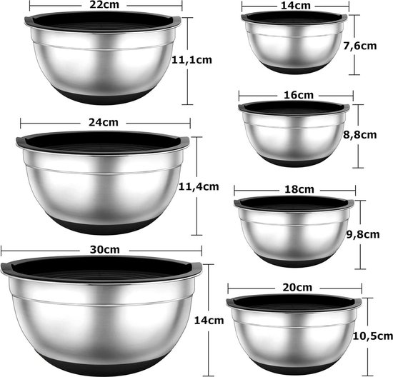 Dimensions de 6 bols mélangeurs en acier inoxydable avec couvercles noirs, allant de 14 cm à 30 cm de diamètre.