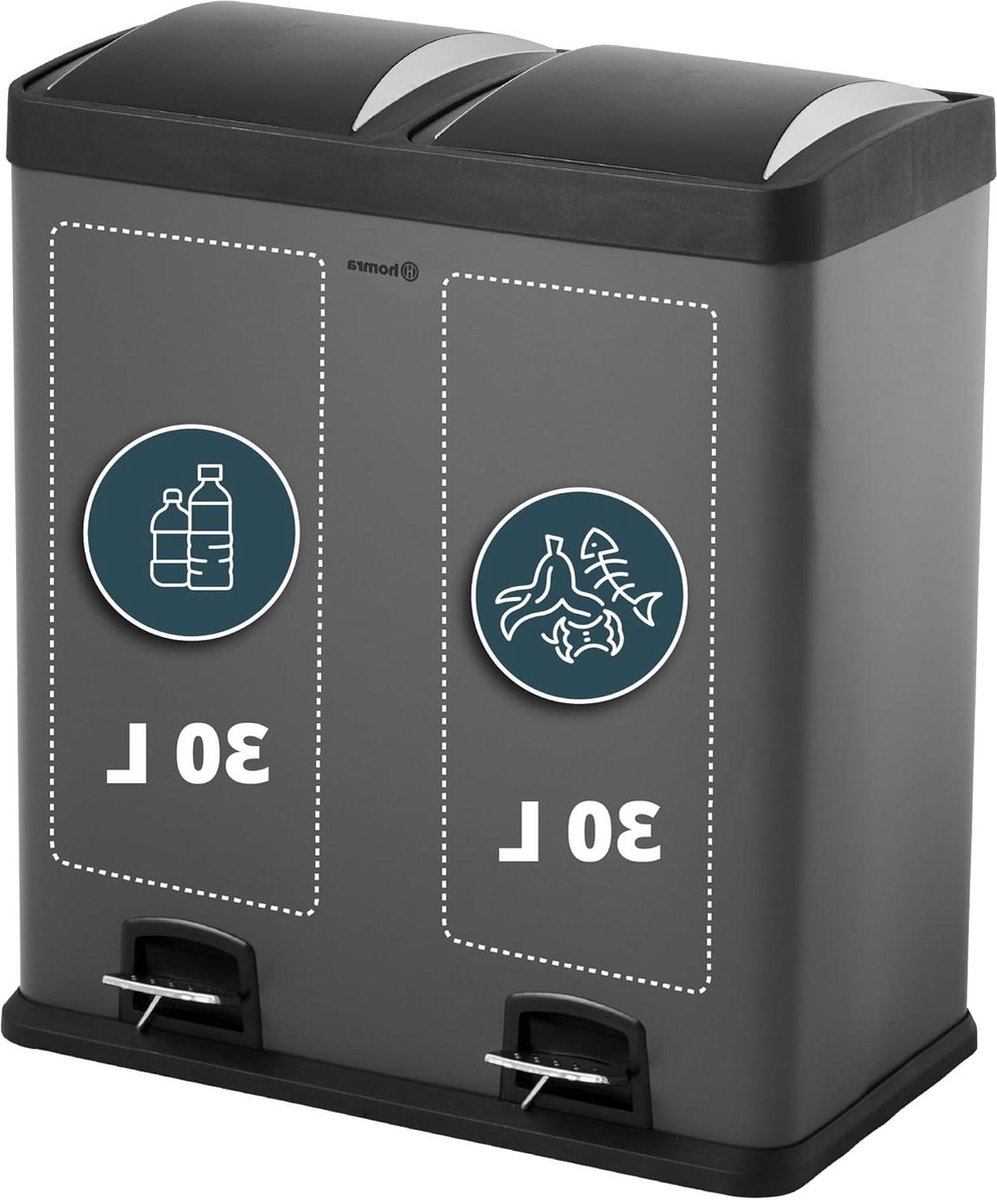 Afvalscheiding prullenbak met 2 vakken - 2 x 30 L inhoud - Pedaalemmer Grijs - 2-vaks Afvalemmer 60 Liter - RVS Pedaal Vuilbak vuilnisbak 60 liter