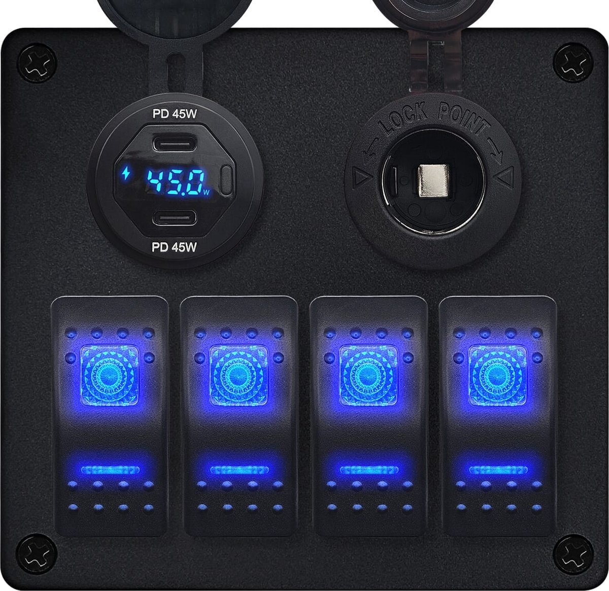 ProRide Schakelpaneel 12V voor Auto/Boot - USB C Lader 2 Poorten met Schakelaar/Wattagemeter - 45W/QC3.0 - 4 schakelaars
