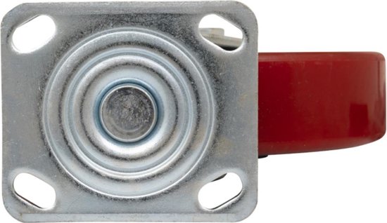 Zwenkwiel met rood loopvlak en metalen montageplaat, close-up van de zwenkas.