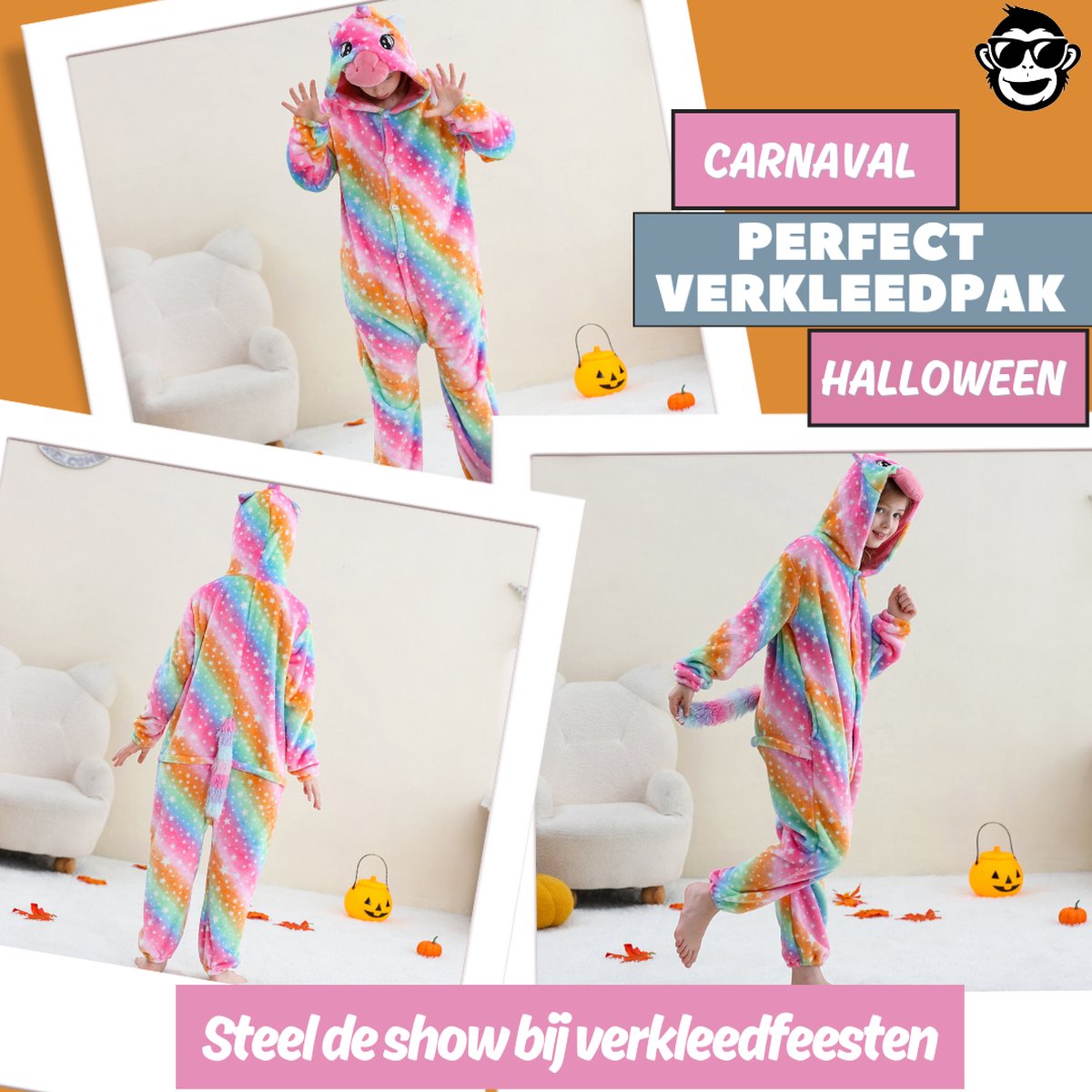 BoefieBoef Dieren Onesie Verkleedkleding Kinderen 5-9 jaar – Comfortabele Kostuum Pyjama – Maat 120 tot 140 – Dierenpak voor Jongens en Meisjes – Carnaval Verkleedkleding - Kerst, Dierenpak - of Verjaardag Cadeau - Eenhoorn Regenboog — afbeelding 3