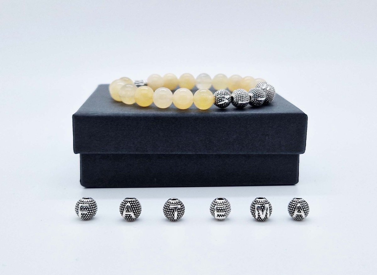Handgemaakte Natuurstenen armband met metaal naam " Calciet geel" - Met je naam of de naam van uw geliefde- 8 mm diameter van de korrel- Diameter armband 20 cm - Een mooi cadeau voor familie en vrienden