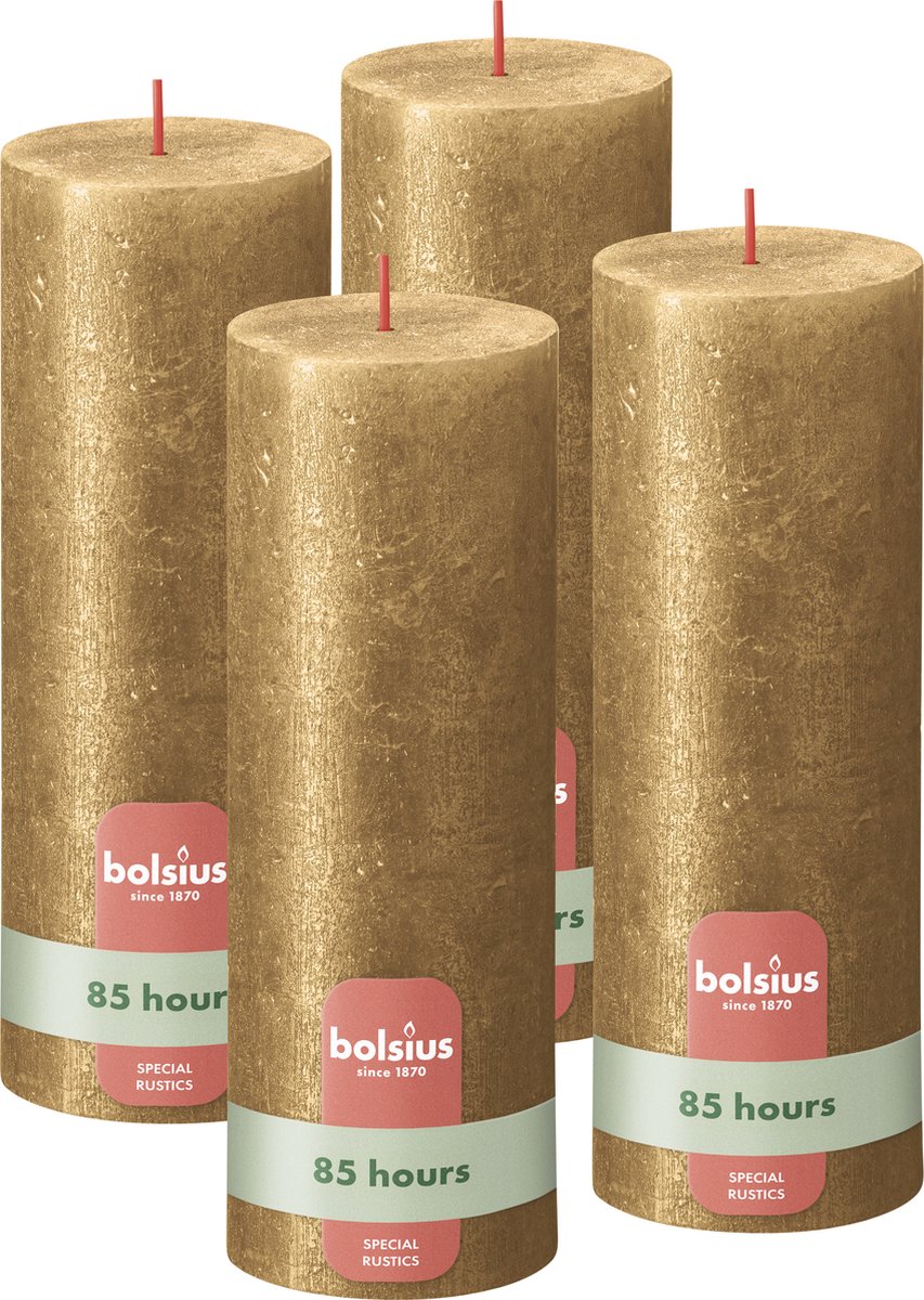 Bolsius Rustieke kaars Shimmer - 4 Stuks - Metallic Goud - 19cm - 85 branduren
