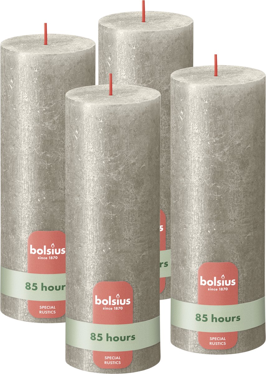 Bolsius Rustieke kaars Shimmer - 4 Stuks - Metallic Champagne Zilver - 19cm - 85 branduren Metallic zilver/champagne