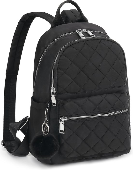 FASSIONA Rugzak Dames - Rugtas Meisje - Rugtas Dames - Mini Rugtas - City Rugzak Meisje - Pluche Bal Sleutelhanger - Nylon - Zwart