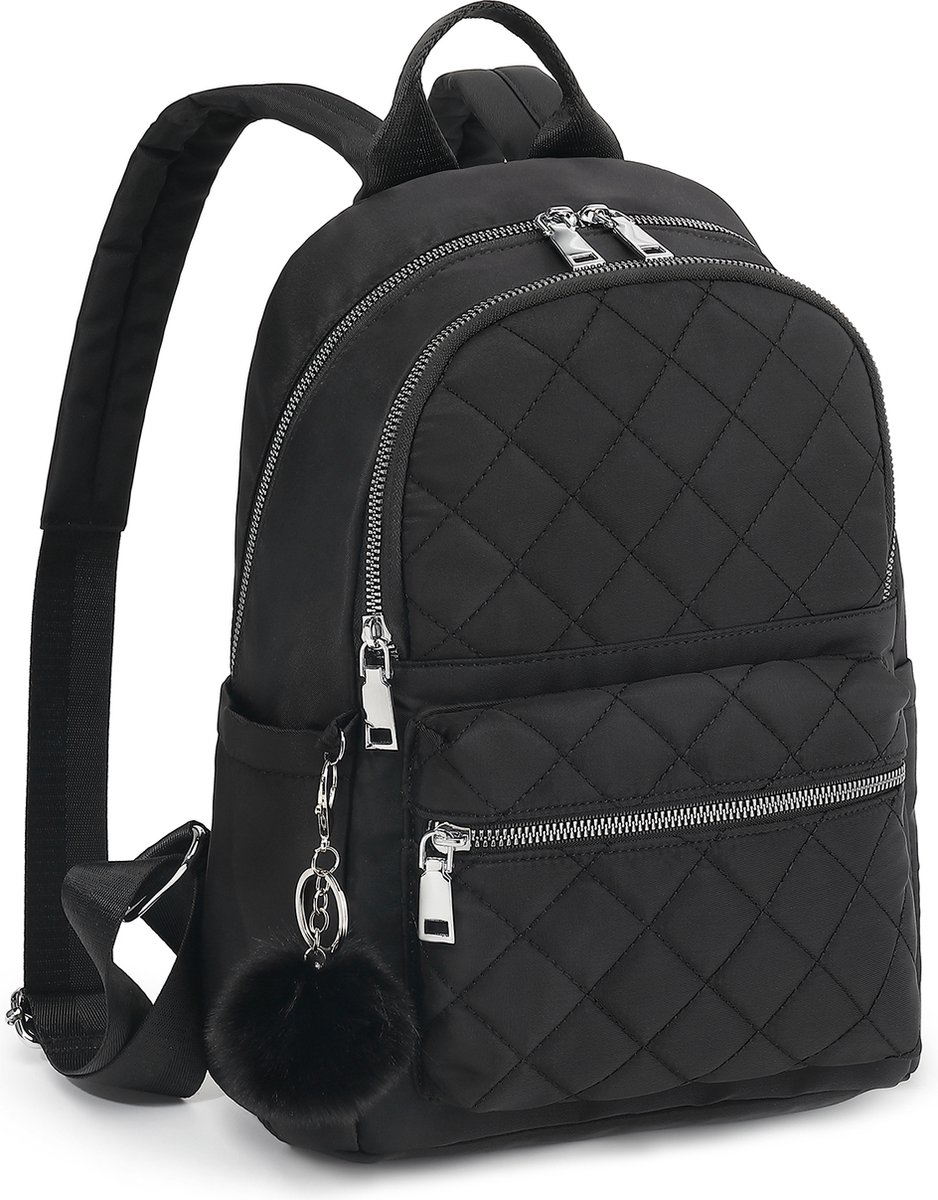 FASSIONA Rugzak Dames - Rugtas Meisje - Rugtas Dames - Mini Rugtas - City Rugzak Meisje - Pluche Bal Sleutelhanger - Nylon - Zwart