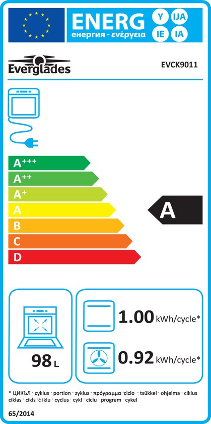 Energie-etiket voor Everglades EVCK9011 gasfornuis, met energielabel A, 98L oveninhoud en 1.00 kWh/cyclus.