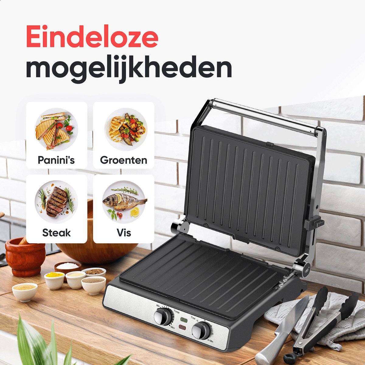Kitchenwell Contactgrill - Tosti apparaat - Grill apparaat - Uitneembare platen - Anti-aanbaklaag - 3-in-1 -180 °C grill - Vaatwasserbestendig — cadeau in Kookcadeaus - foto 5