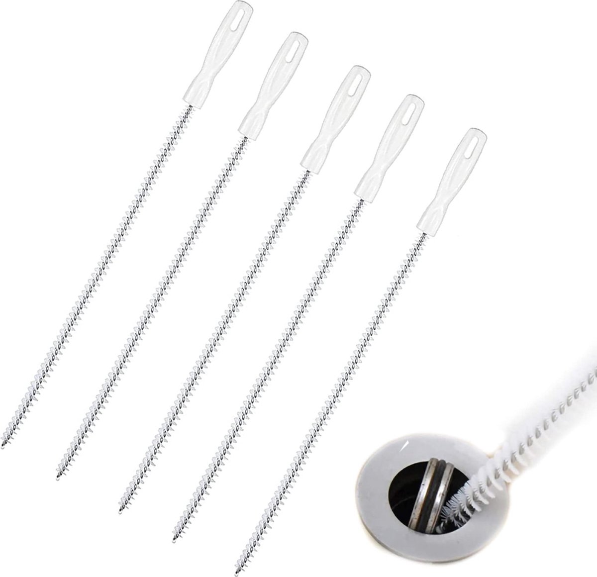 Gootsteen Ontstopper - 5 Stuks - Afvoerreiniger - Gootsteen Verstopt - Schoonmaak - Remover Tool - Reinigingsborstel - Aquarium Pijp Reinigingsborstel - Anti-Verstopping Borstel Voor Sanitair, Afvoerbuizen, Douches En Smalle Kieren - Wit - 45 Cm
