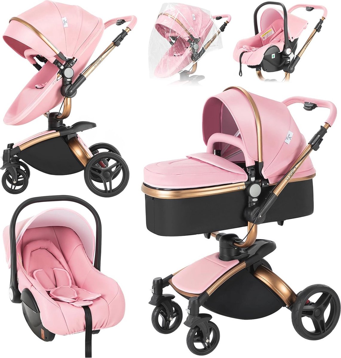 Image of 3-in-1 babywagen van PU-leer met verstelbare zitting en 360 graden draaibaar ontwerp - Opvouwbaar en multifunctioneel