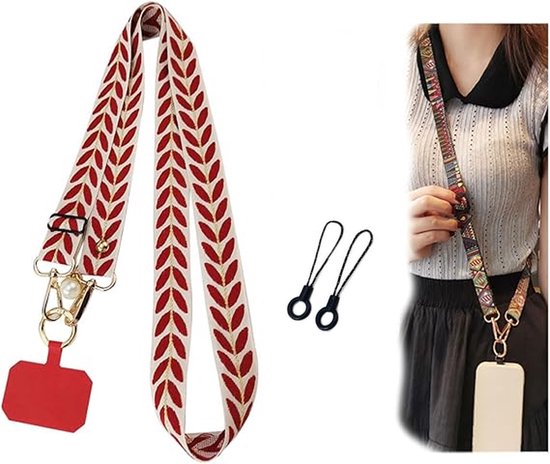 Un cordon de téléphone rouge et blanc à motif de feuilles, décoré de perles, porté par une femme. Deux boucles de fixation noires sont à côté.