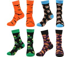 Sokken - 4 Paar - Halloween Sokken - Pompoen - Vleermuis - Enge Sokken - Kousen - Leuke Sokken - Vrolijke Sokken - Grappige Huissokken - Grappige Sokken - Funny Socks - Gekleurde Sokken Waar Je Van Wordt - Katoen - Heren & Dames - Maat 36-42