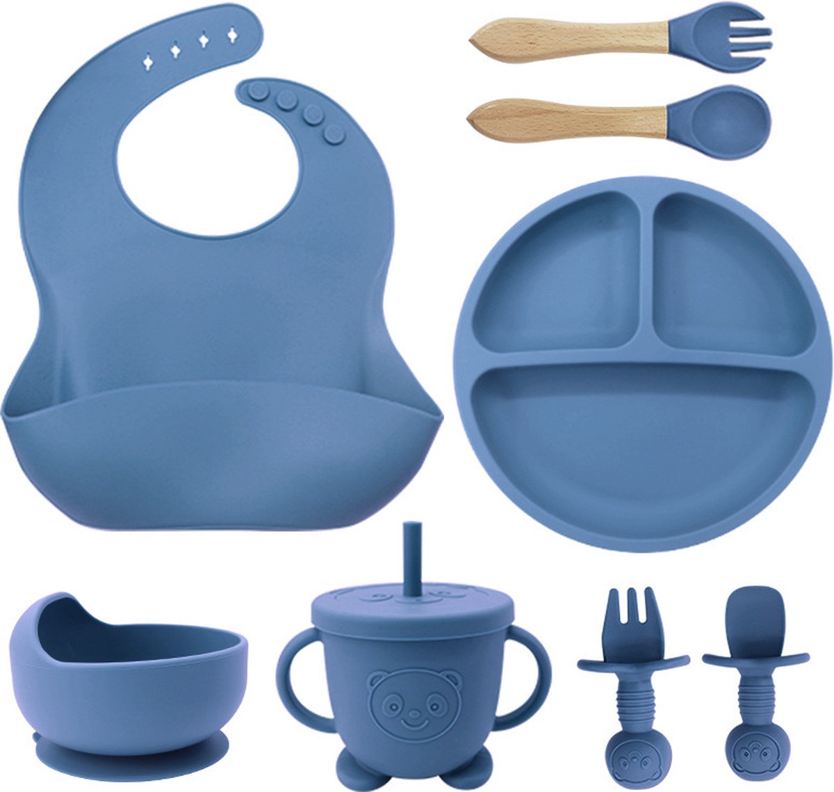 Goedkoopste 8-Delig Kinderservies set Siliconen - Baby Servies set Incl. bord met zuignap, drinkbeker met rietje, slabbetje en 2 sets Kinderbestek - Baby Bestek Siliconen - Vaatwasserbestendig - Ovenbestendig - BPA Vrij - Marineblauw