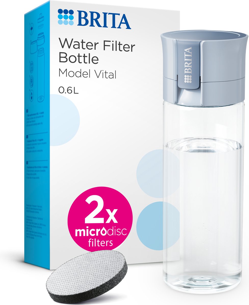BRITA - Drinkfles VITAL voor Volwassenen - 0,6L - Lichtblauw - inclusief 2 MicroDisc Brita Filterpatronen - Ideaal voor Drinkflessen