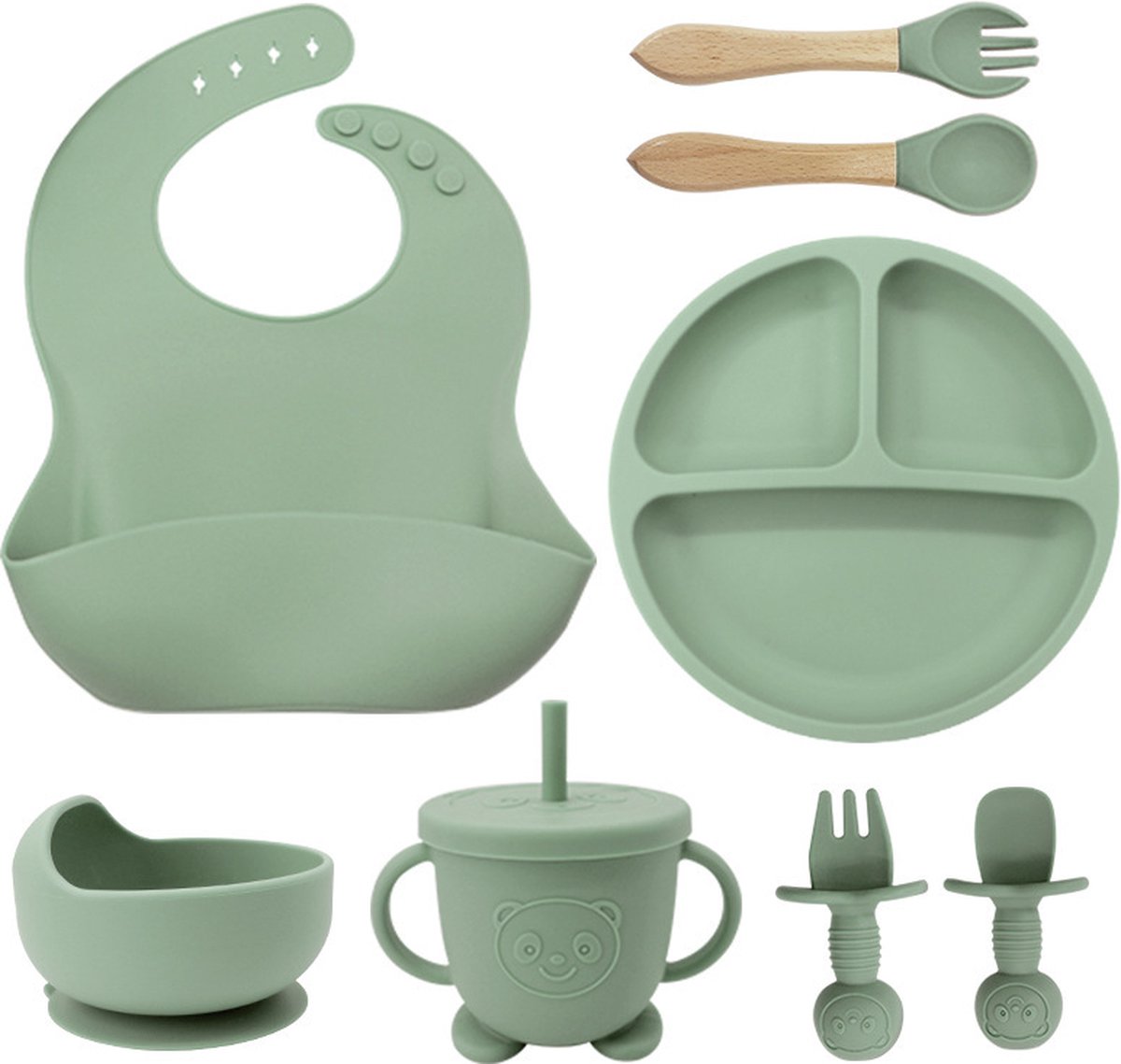 Image of 8-Delig Kinderservies set Siliconen - Baby Servies set Incl. bord met zuignap, drinkbeker met rietje, slabbetje en 2 sets Kinderbestek - Baby Bestek Siliconen - Vaatwasserbestendig - Ovenbestendig - BPA Vrij - Lichtgroen