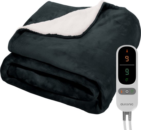 Auronic Elektrische Deken - Warmtedeken - Sherpa Fleece - 9 Hitte en Timerstanden - Bovendeken - 180x130 - 1 persoons - Antraciet