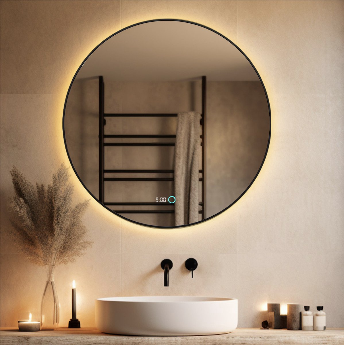 Lumoire® Spiegel Met Verlichting - 60CM Rond - Badkamerspiegel met Zwarte Rand