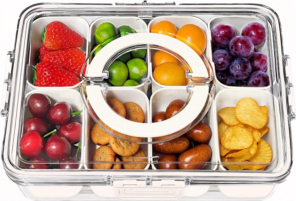 Posity Snackbox - Snackdoos met Vakjes - Met Deksel en Handvat - 8 Vakken - Voor Onderweg - Vershouddoos - Kunststof - Wit