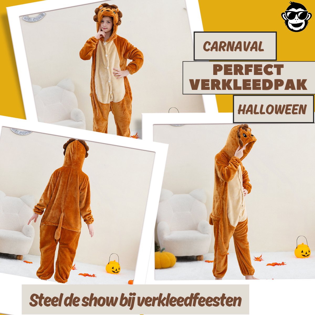 BoefieBoef Dieren Onesie Verkleedkleding Kinderen jaar – Comfortabele Kostuum Pyjama – tot 160 – Dierenpak voor Jongens en Meisjes – Feest, Carnaval of Dierenpak - Verkleedkleding - Halloween Dierenpak - Verjaardag Cadeau - Leeuw Bruin — afbeelding 4