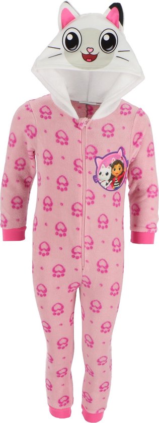 Roze onesie met kattenprint en capuchon. Met opdruk van Gabby's Dollhouse op de borst.