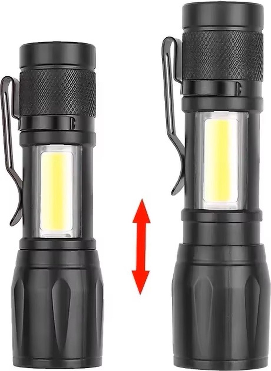 Krachtige Oplaadbare LED-Zaklamp met COB-Zijverlichting – Mini LED Zaklamp met Hook up - Lichtgewicht, Klein en Compact met Uitschuifbare Zoomfunctie – Inclusief groene Beschermcase – Perfect voor Reizen en Noodsituaties – Kleur: Zwart van Merkloos / Sans marque — cadeau in Gadgets - foto 7