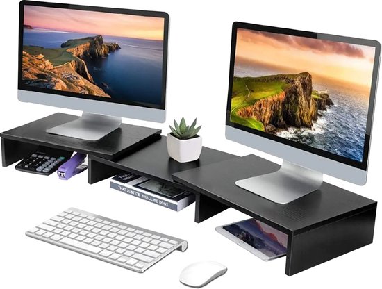 Fleau Home Verstelbare Monitorverhoger - Laptopstandaard - Ergonomische Bureau-organizer - Dubbele Monitorstandaard met Lade - Verhoger - Hout