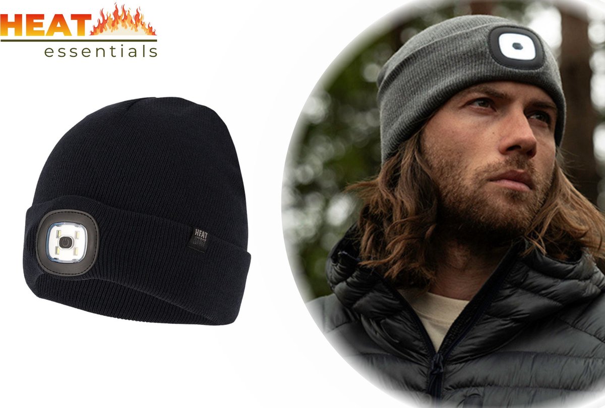Heat Essentials - LED Muts Heren- One Size Unisex – Navy - Fleece Muts Dames – Beanie – Thermo Muts