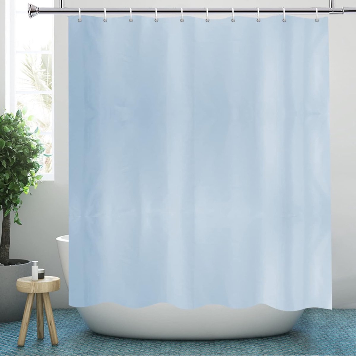 Douchegordijn kleur lichtblauw, van polyester textiel schimmelbestendig machinewasbaar met 12 metalen ogen, width 180 x height 200 cm