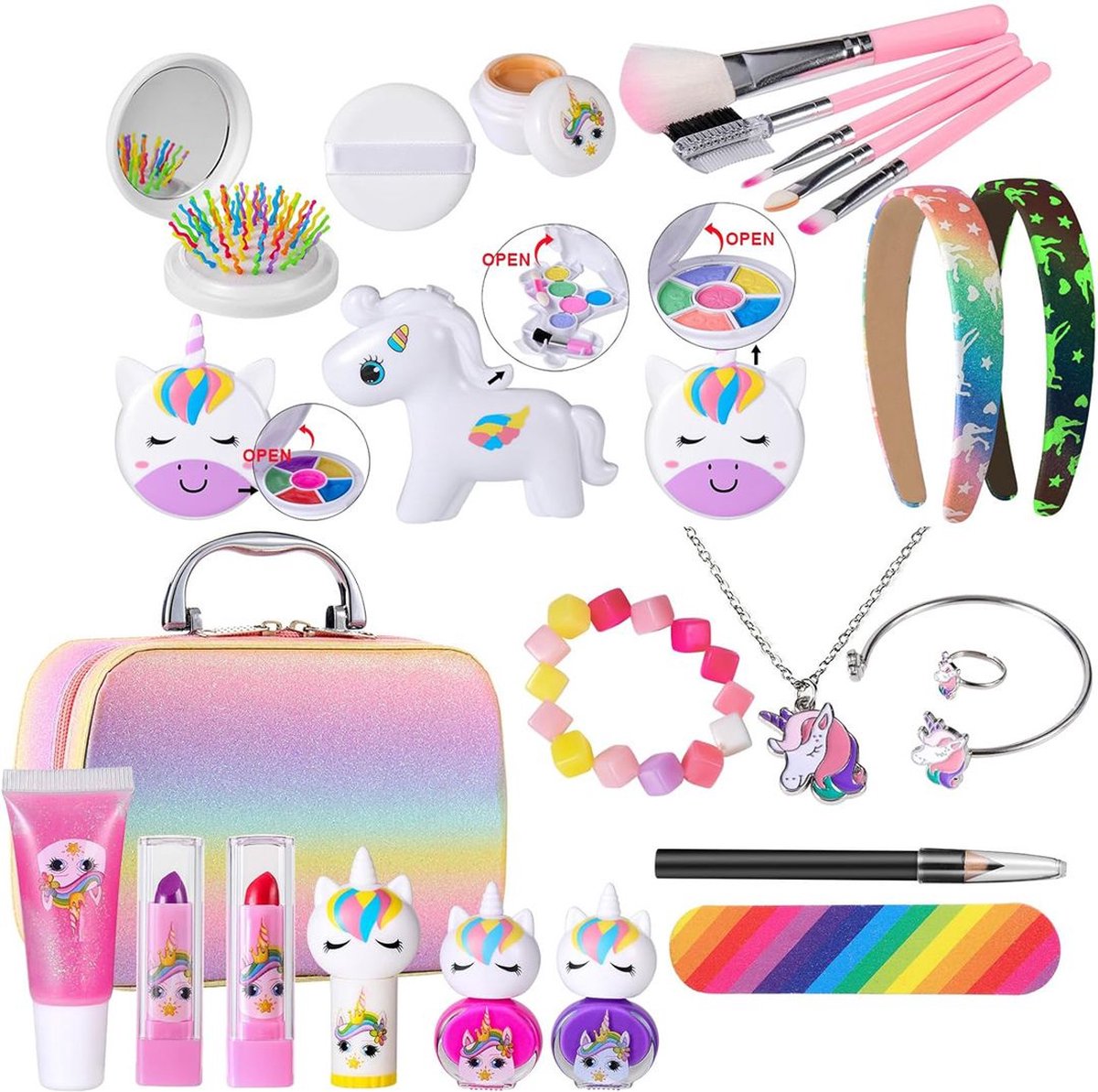 Dailysupplies Make up Koffer Meisjes Kinder Speelkoffer met Inhoud Makeupset voor Kinderen Regenboog met Eenhoorns Voor jouw Prinsesje