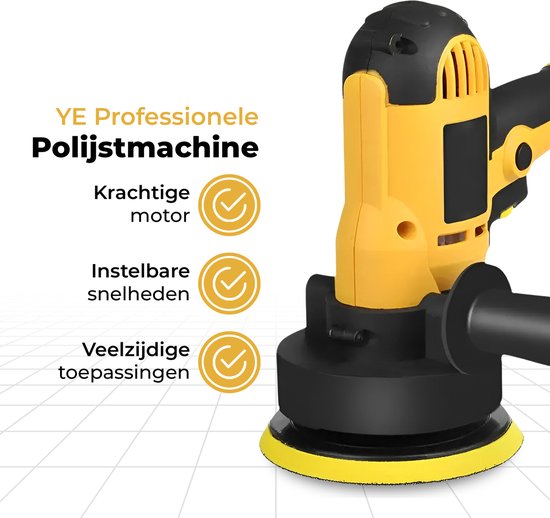 Gele en zwarte polijstmachine met gele polijstschijf. Kenmerken: Krachtige motor, instelbare snelheden, veelzijdige toepassingen. YE Professionele Polijstmachine.