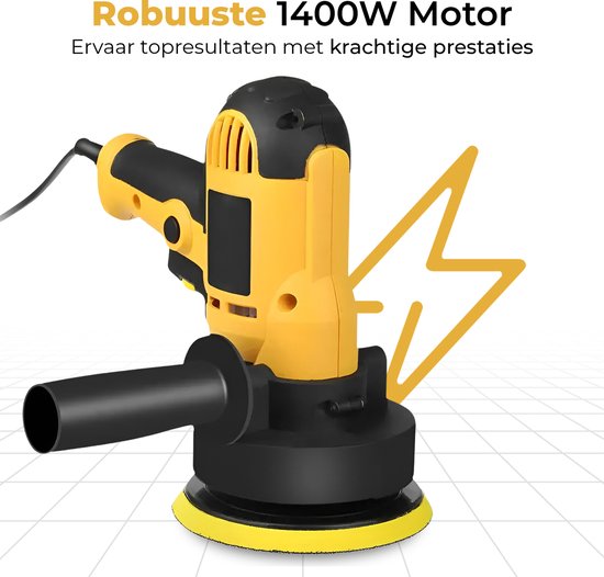 Gele en zwarte polijstmachine met een grote gele bliksemschicht-vormige graphic. Robuuste 1400W motor.