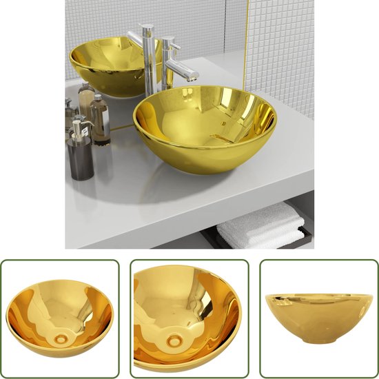 The Living Store Keramische Wastafel - Goud - 32.5 x 14 cm - Op een blad - Kraan en... | bol