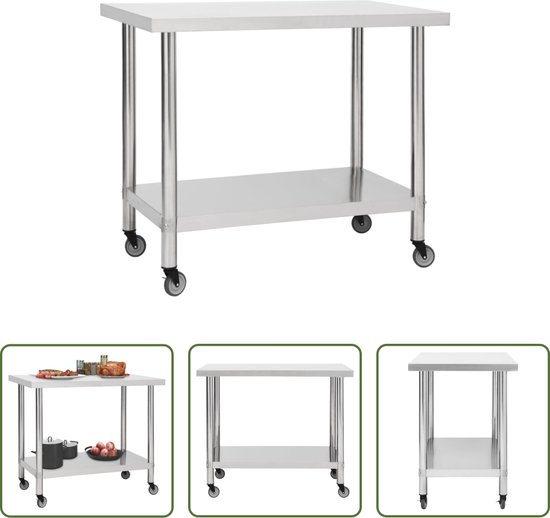 Foto: The living store werktafel gastronomisch rvs 80x60x85 cm 4 wielen zilver