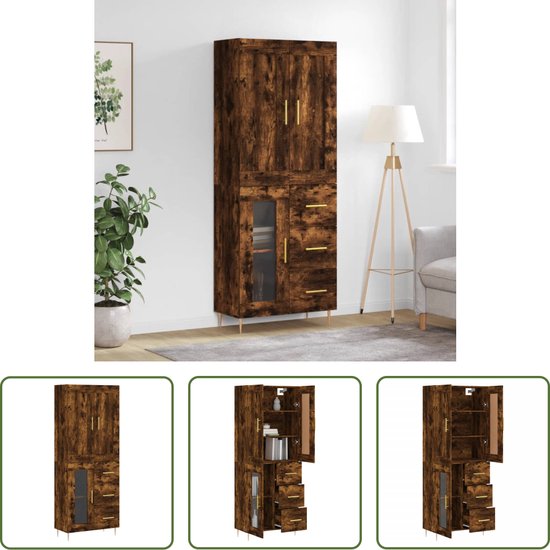 The Living Store Hoge Kast - Dressoir en Opzetkast - 69.5 x 34 x 180 cm - Gerookt Eiken
